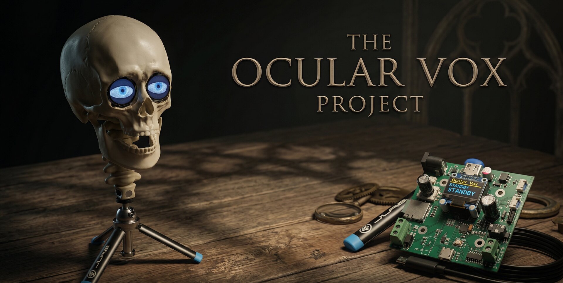 The Ocular Vox Project — animatronic skull with glowing blue LCD eyes next to the controller board